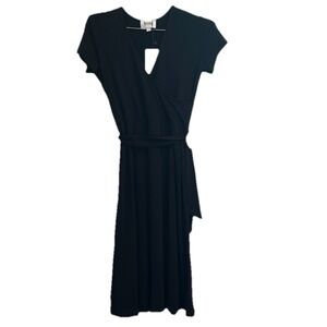 Leota Black Wrap Midi Dress V-Neck Tie Front